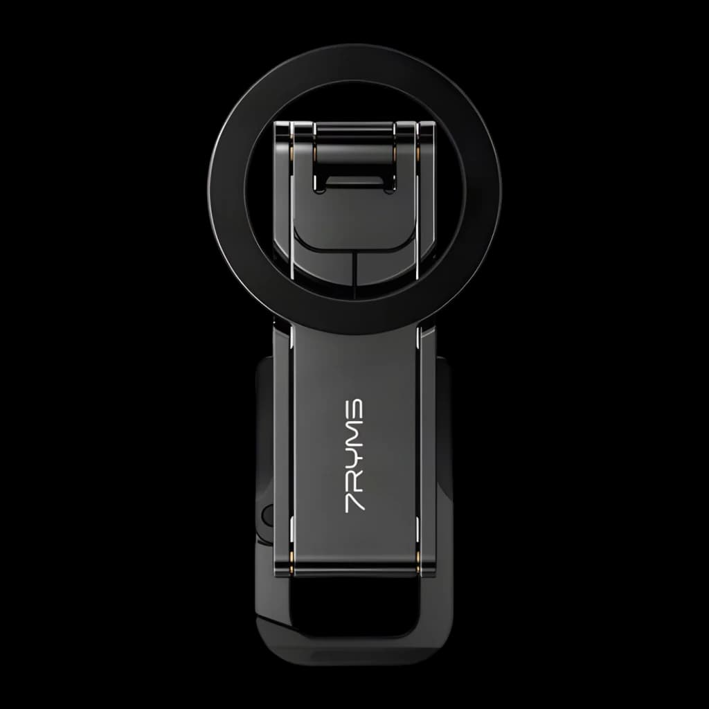 Trípode para smartphone 7RYMS 7RIG T1 Negro Plegable, vista frontal: diseño compacto plegado con aro circular y logo 7RYMS