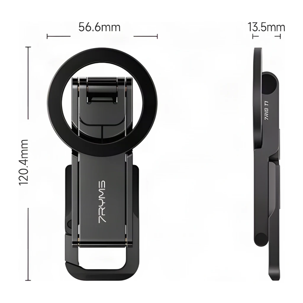 Trípode para smartphone 7RYMS 7RIG T1 Negro Plegable, dimensiones: vistas frontal y lateral plegado, 56.6x120.4mm y 13.5mm