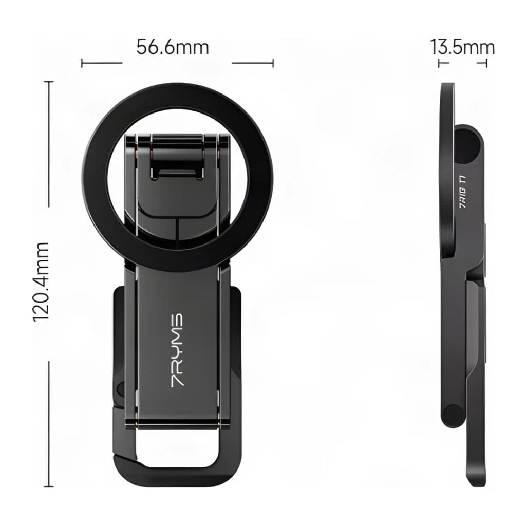 Trípode para smartphone 7RYMS 7RIG T1 Negro Plegable, dimensiones: vistas frontal y lateral plegado, 56.6x120.4mm y 13.5mm