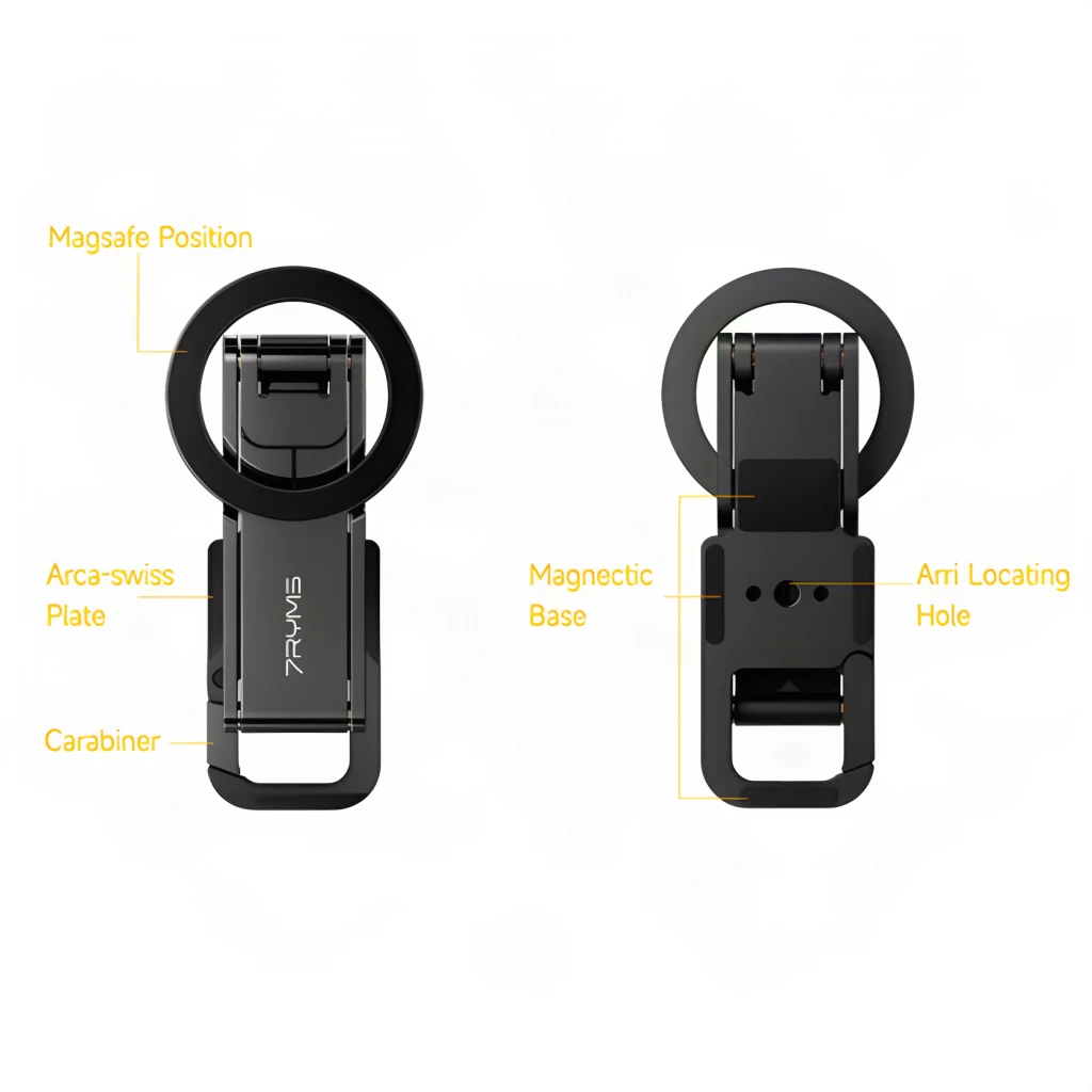 Trípode para smartphone 7RYMS 7RIG T1 Negro Plegable, vistas frontal y trasera: placa Arca-swiss, posición MagSafe, base