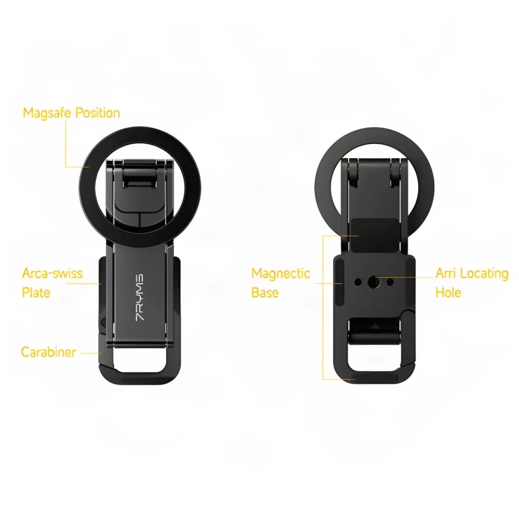 Trípode para smartphone 7RYMS 7RIG T1 Negro Plegable, vistas frontal y trasera: placa Arca-swiss, posición MagSafe, base
