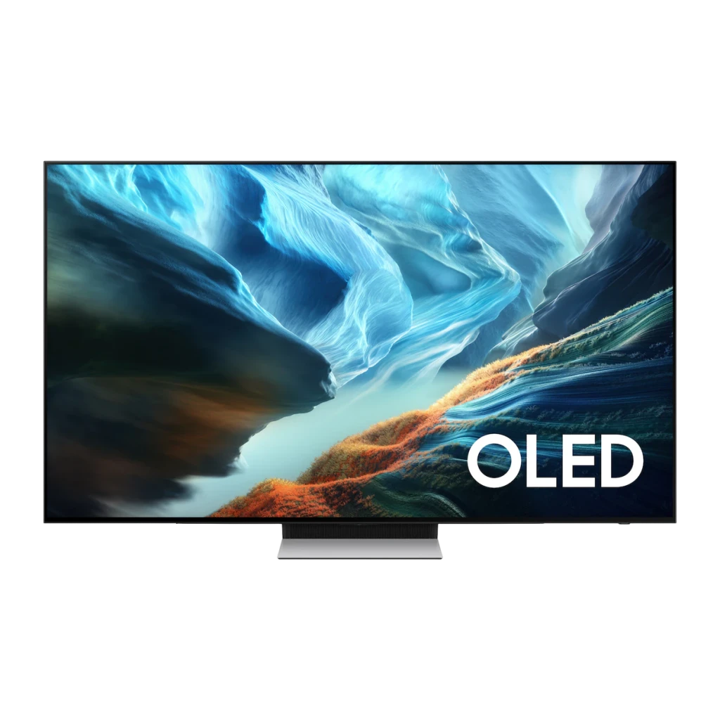 Samsung Televisor OLED S90H 65 polegadas Preto, vista frontal: ecrã ligado com paisagem vibrante e logótipo OLED visível