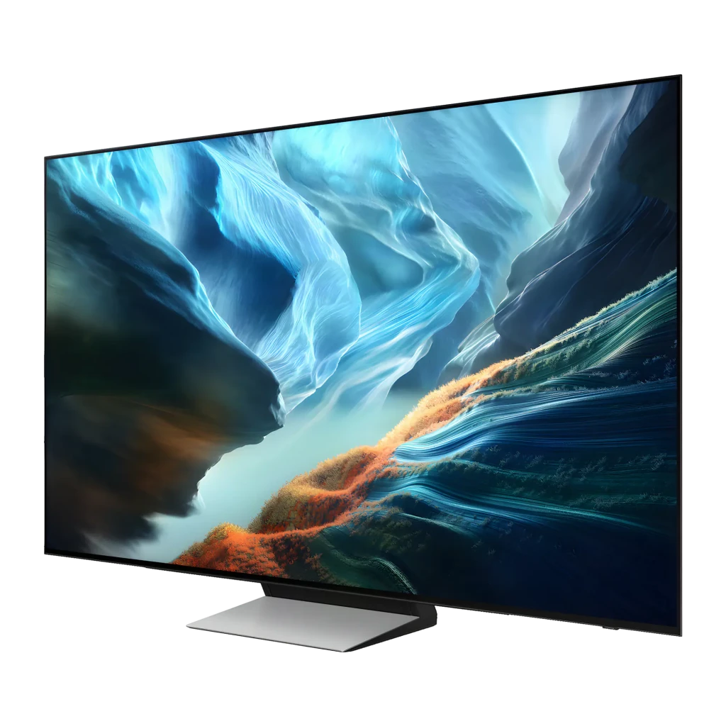 Samsung Televisor OLED S90H 65" 4K Preto, vista lateral: ecrã ligado com paisagem vibrante azul e laranja, base central
