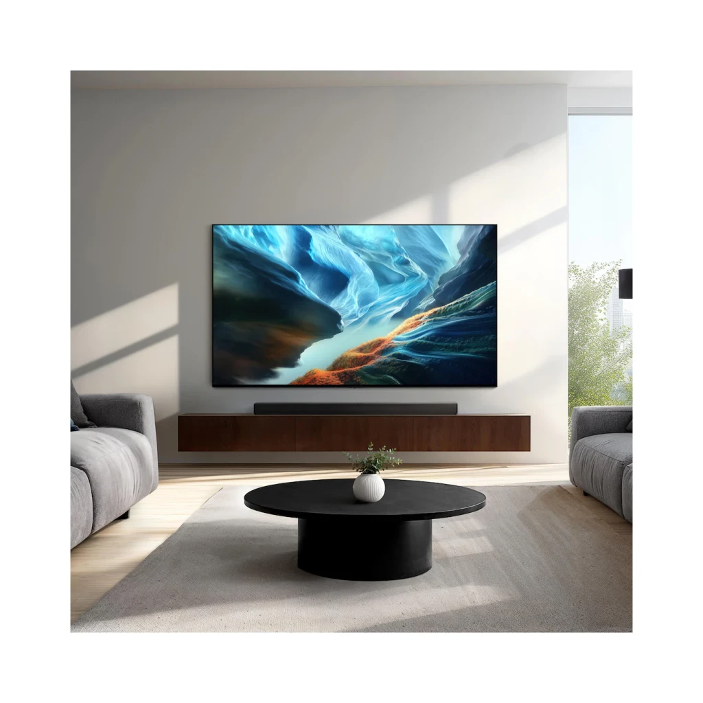 Samsung Televisor OLED S90H 65 polegadas Preto, vista em sala: montado na parede com soundbar e conteúdo vibrante no ecrã