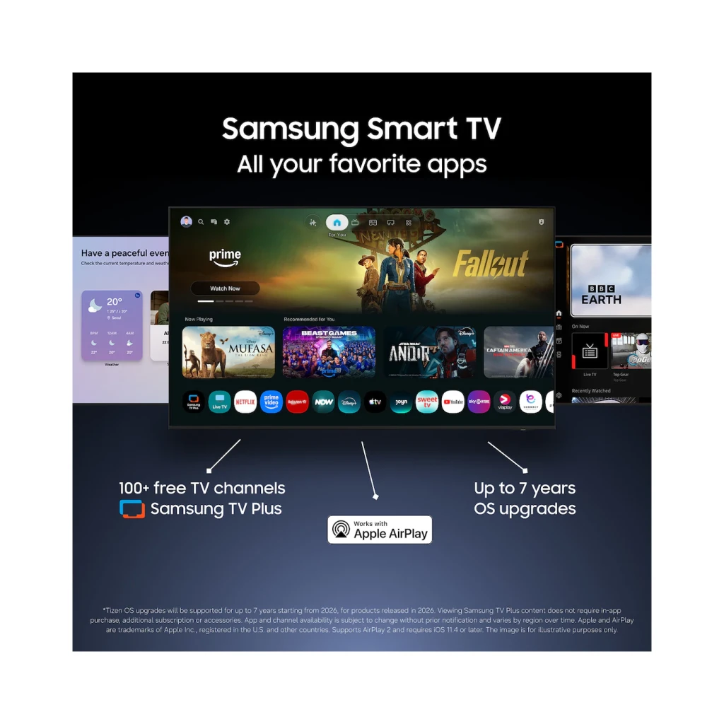 Samsung OLED S90H 65" 4K Preto, interface Smart TV: ecrã com apps, Samsung TV Plus e compatibilidade AirPlay