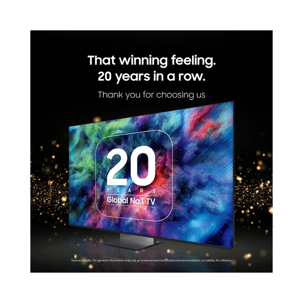 Samsung Televisor OLED S90H 65 polegadas Preto, vista em ângulo: ecrã com celebração 20 anos Global No.1 TV e cores vibrantes
