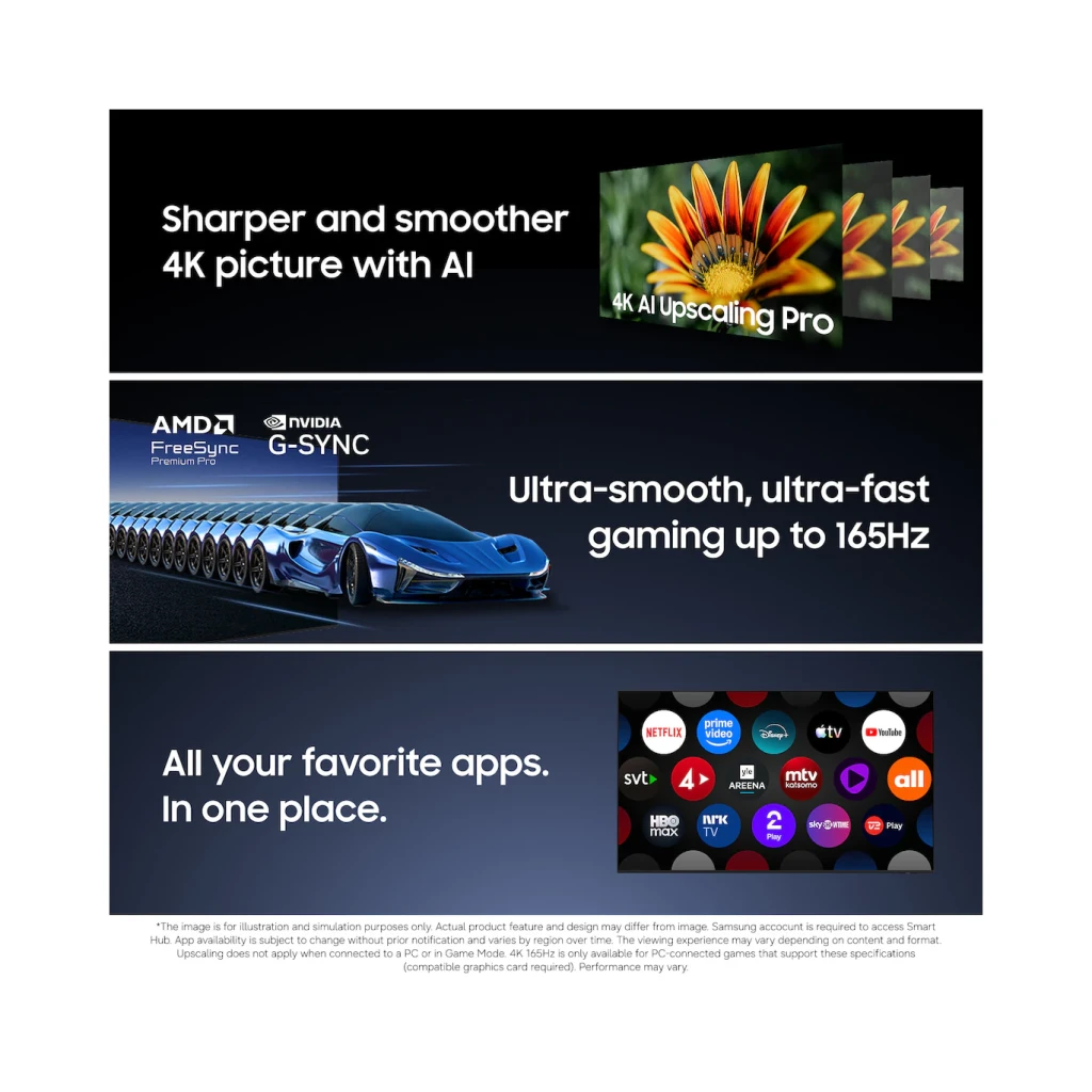 Samsung OLED S90H 65" Preto, infográfico: 4K AI Upscaling Pro, gaming 165Hz com AMD FreeSync e apps Smart TV