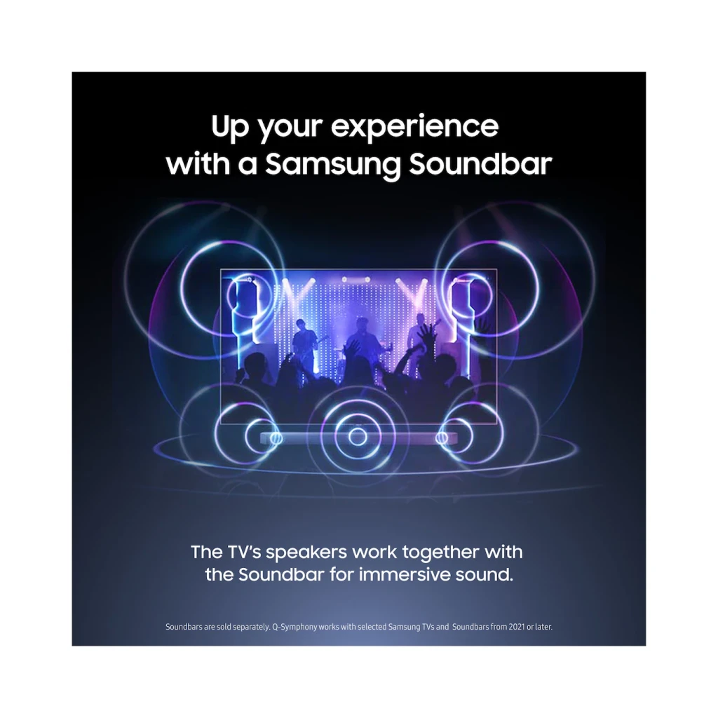 Samsung Televisor OLED S90H 65 polegadas Preto, infográfico: compatibilidade Q-Symphony com soundbar para som envolvente
