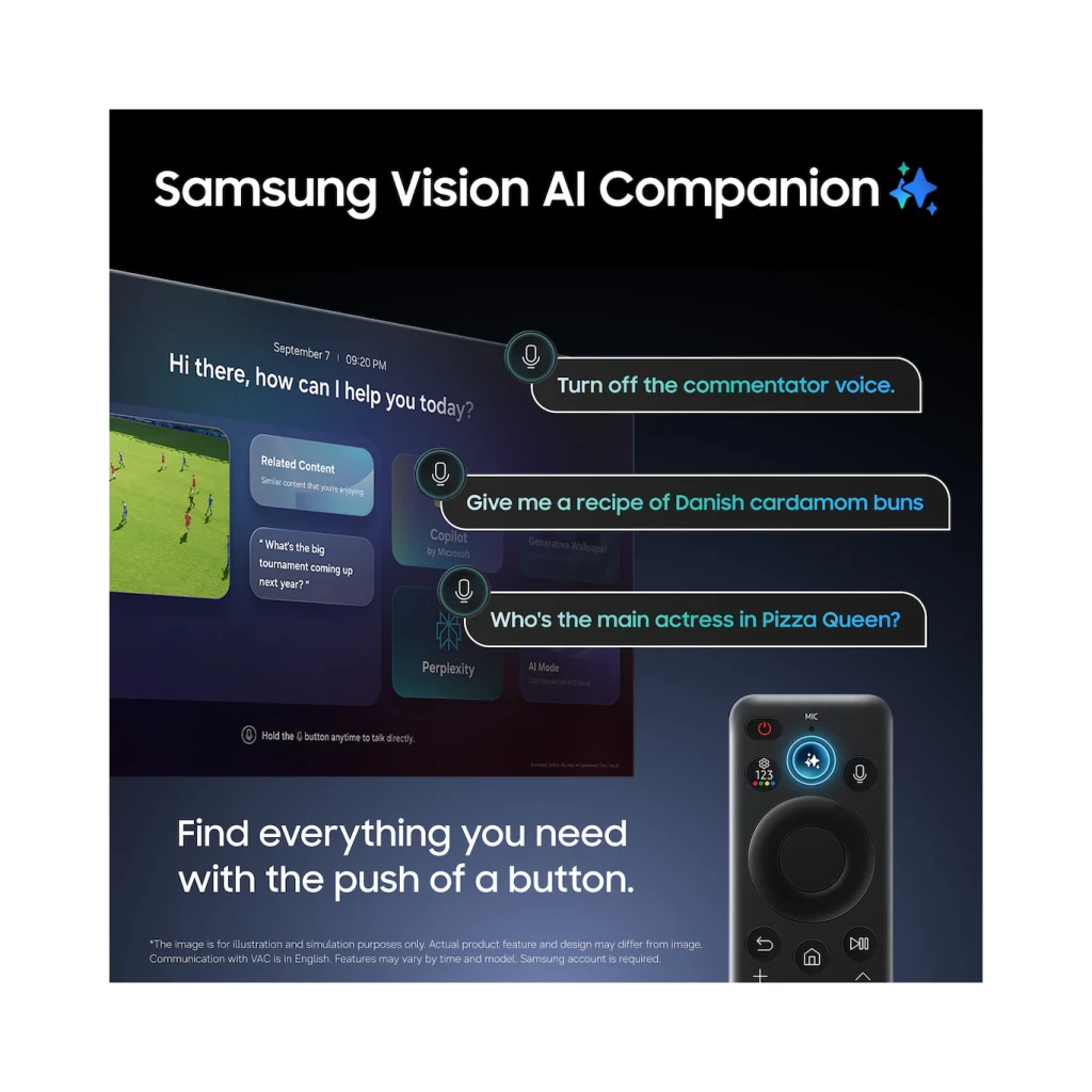 Samsung OLED S90H 65" 4K Preto, função Vision AI Companion: ecrã com assistente de voz e controlo remoto