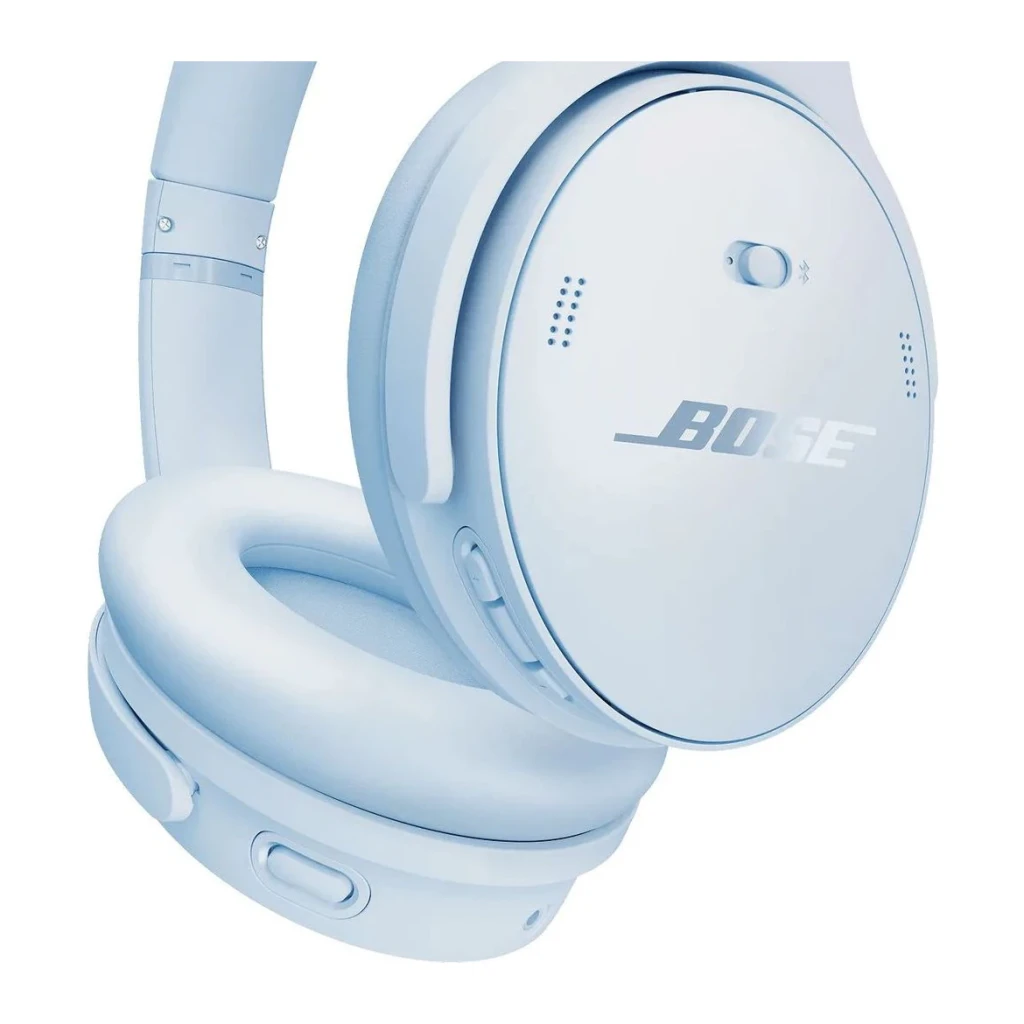 Casque Bose QuietComfort Headphones Réduction de Bruit Active Arceau Bleu Glacier Glacé, gros plan: logo Bose, boutons