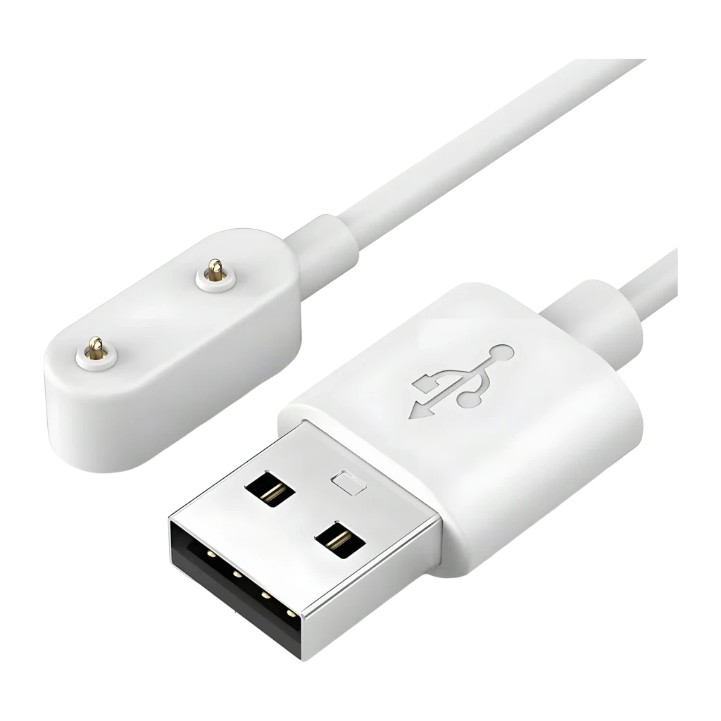 Huawei Cable de carga magnético Watch FIT Blanco, vista diagonal: conector USB-A y extremo magnético con pines dorados