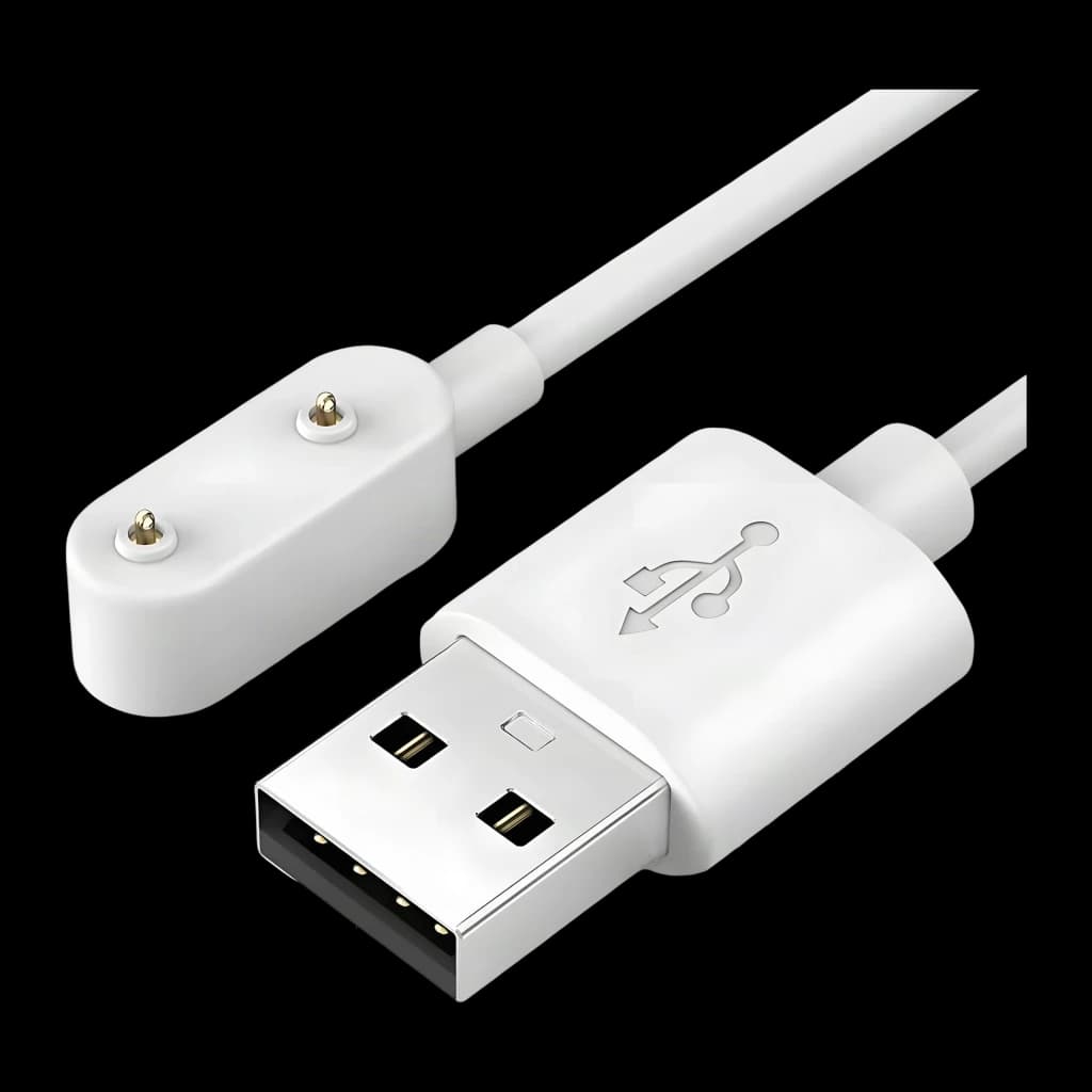 Huawei Cable de carga magnético Watch FIT Blanco, vista diagonal: conector USB-A y extremo magnético con pines dorados