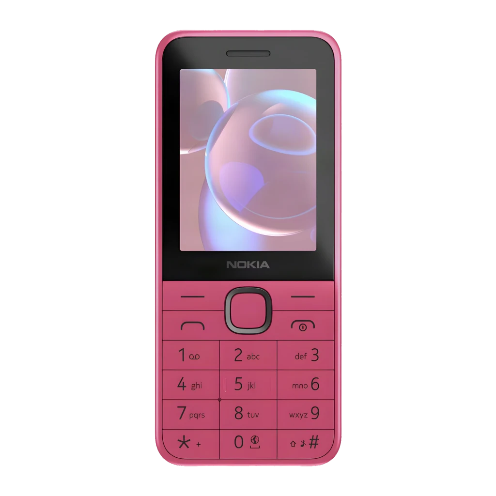 Nokia 225 4G Rosa, vista frontal: ecrã ligado, teclado numérico completo e navegador central visíveis