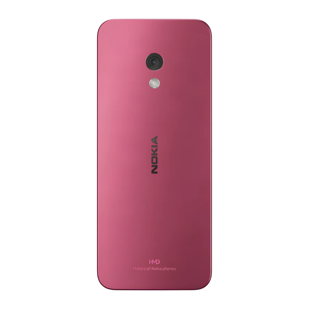 Nokia 225 4G Rosa, vista traseira: tampa lisa rosa com câmera traseira, logo Nokia e texto HMD