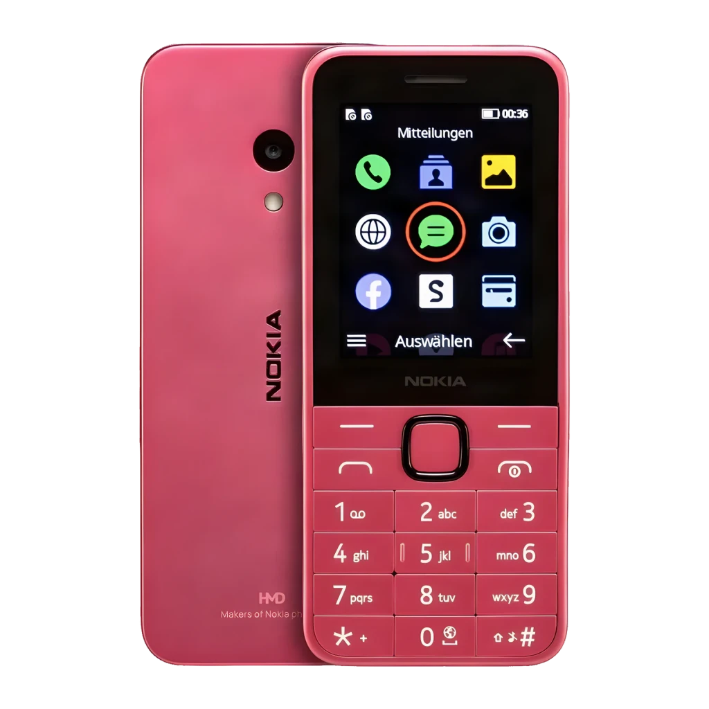 Nokia 225 4G Rosa, vista frontal e traseira: ecrã com ícones, teclado numérico e câmara traseira visíveis