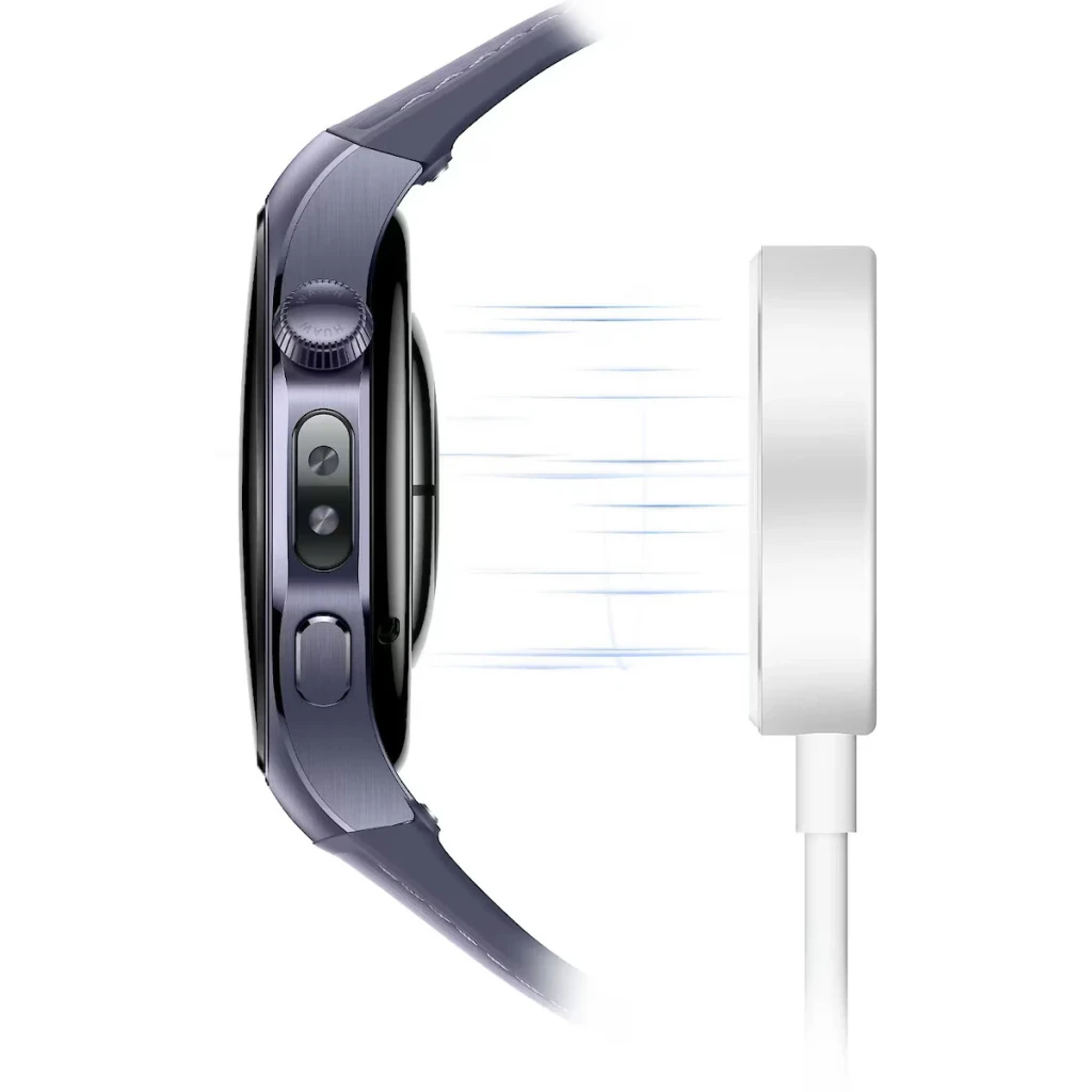 Huawei WATCH Carregador sem fios prateado, lateral: relógio e carregador magnético prateado com ondas de carregamento