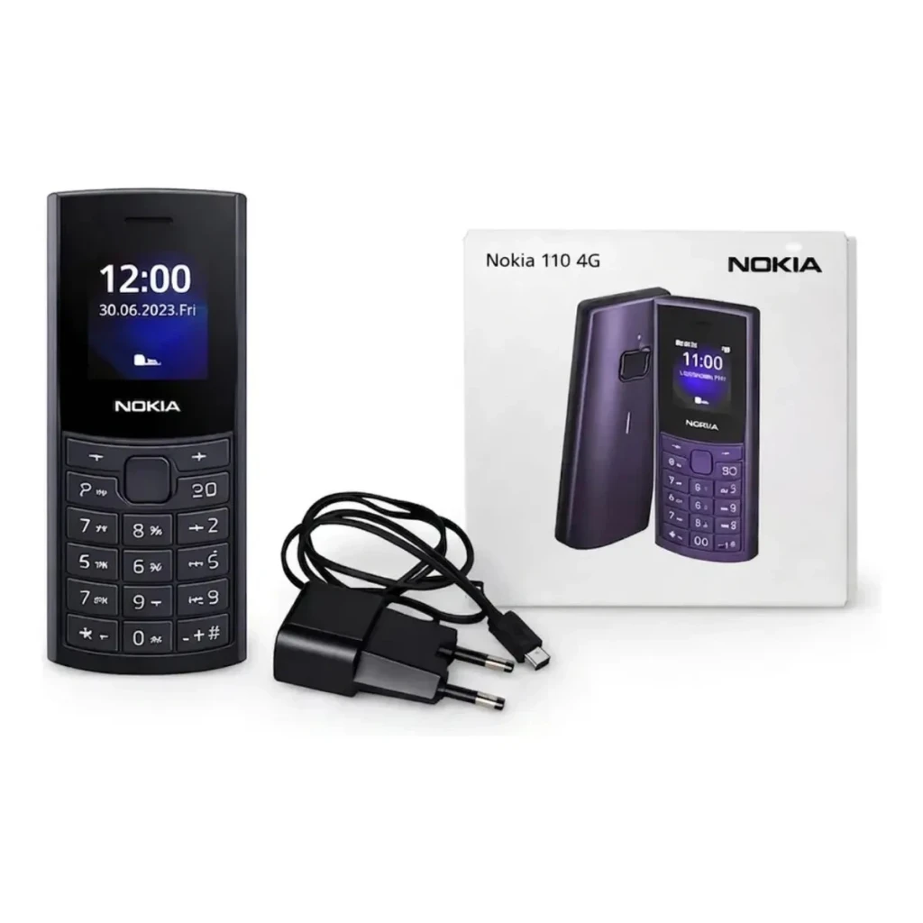 Nokia 110 4G Edition 2024 Azul, contenido de caja: teléfono frontal, cargador, cable USB-C y caja del producto