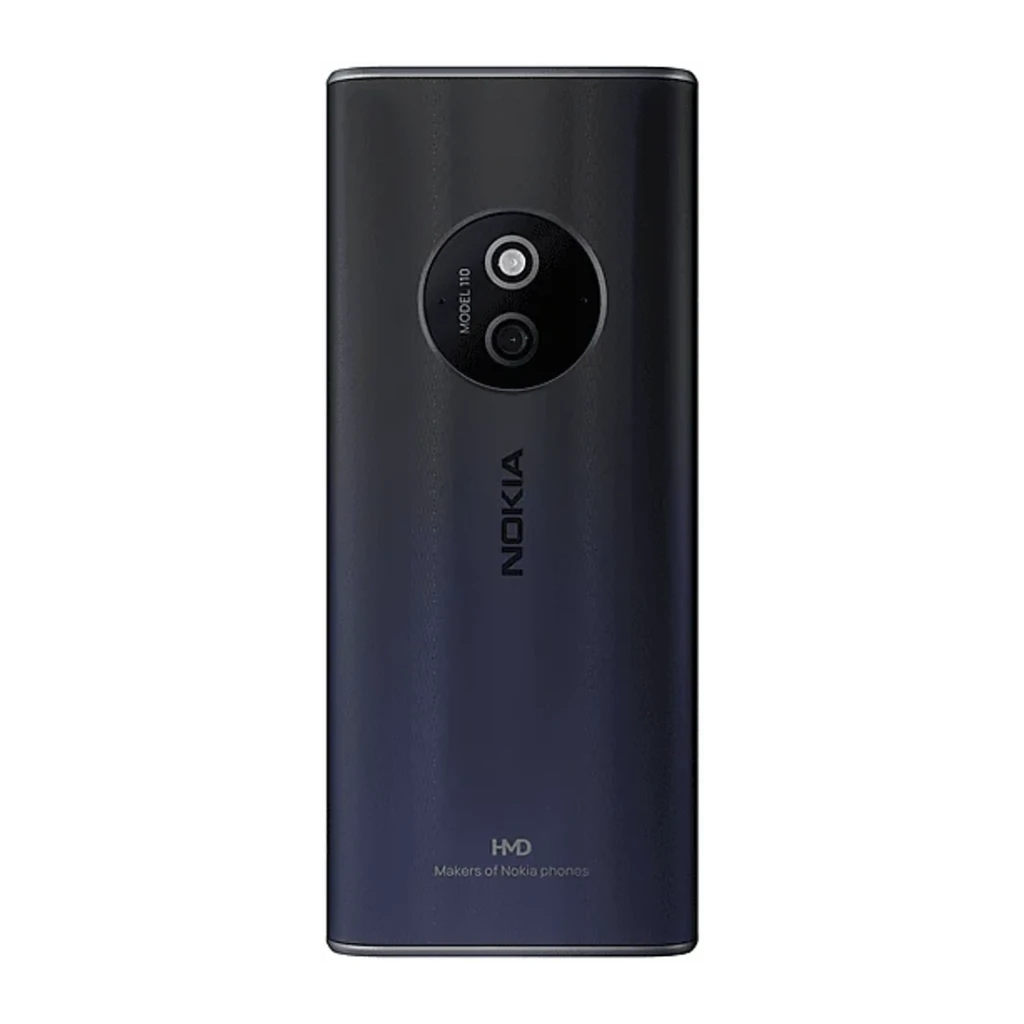 Nokia 110 4G Edition 2024 Azul, vista trasera: módulo de cámaras circular, logo Nokia y HMD en tapa azul oscuro