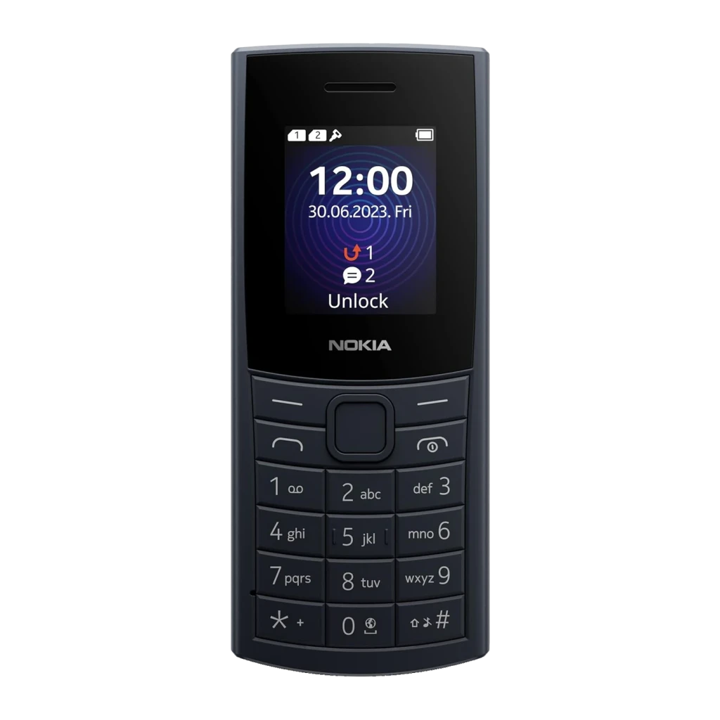 Nokia 110 4G 2024 Azul, vista frontal: pantalla encendida con hora, teclado numérico completo y logo Nokia