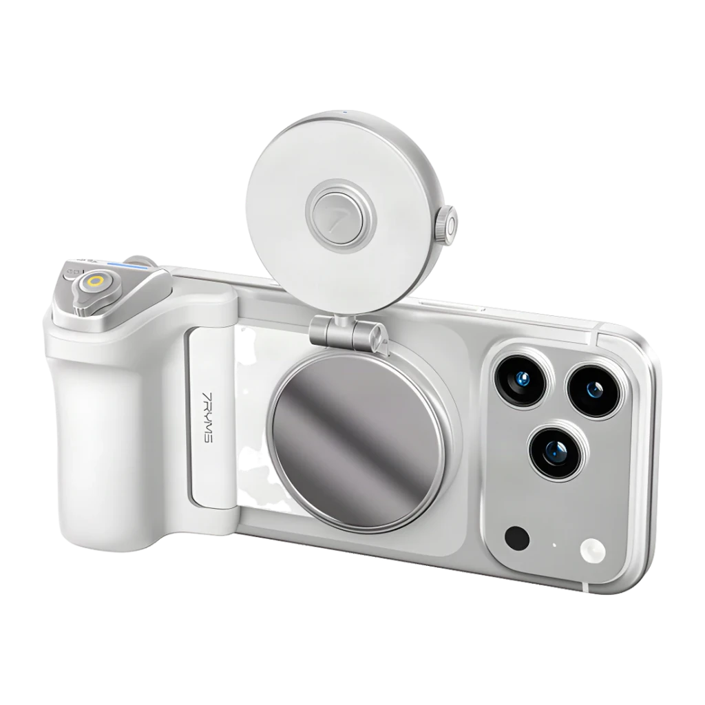 Trípode Selfie 7RYMS 7RIG T1 Plata, vista en perspectiva: grip lateral, espejo frontal circular y luz LED redonda plegable