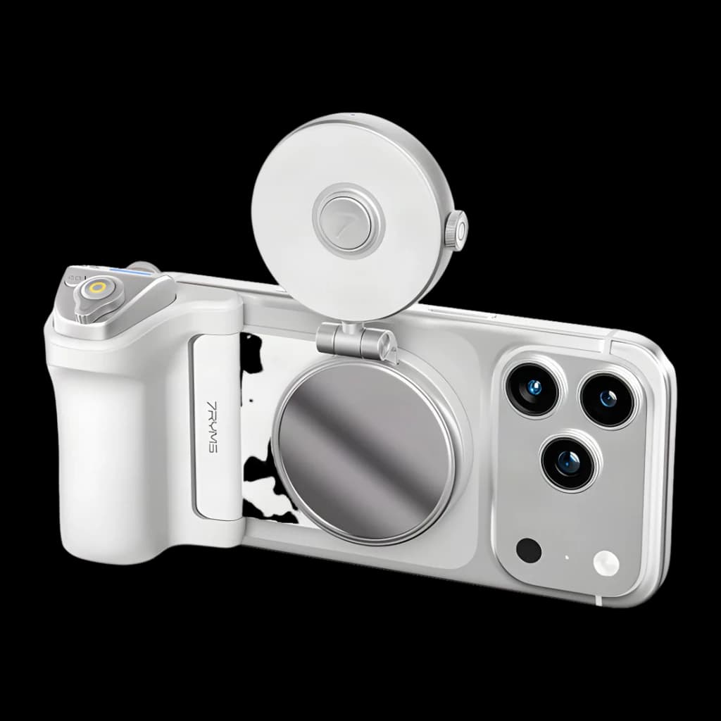 Trípode Selfie 7RYMS 7RIG T1 Plata, vista en perspectiva: grip lateral, espejo frontal circular y luz LED redonda plegable