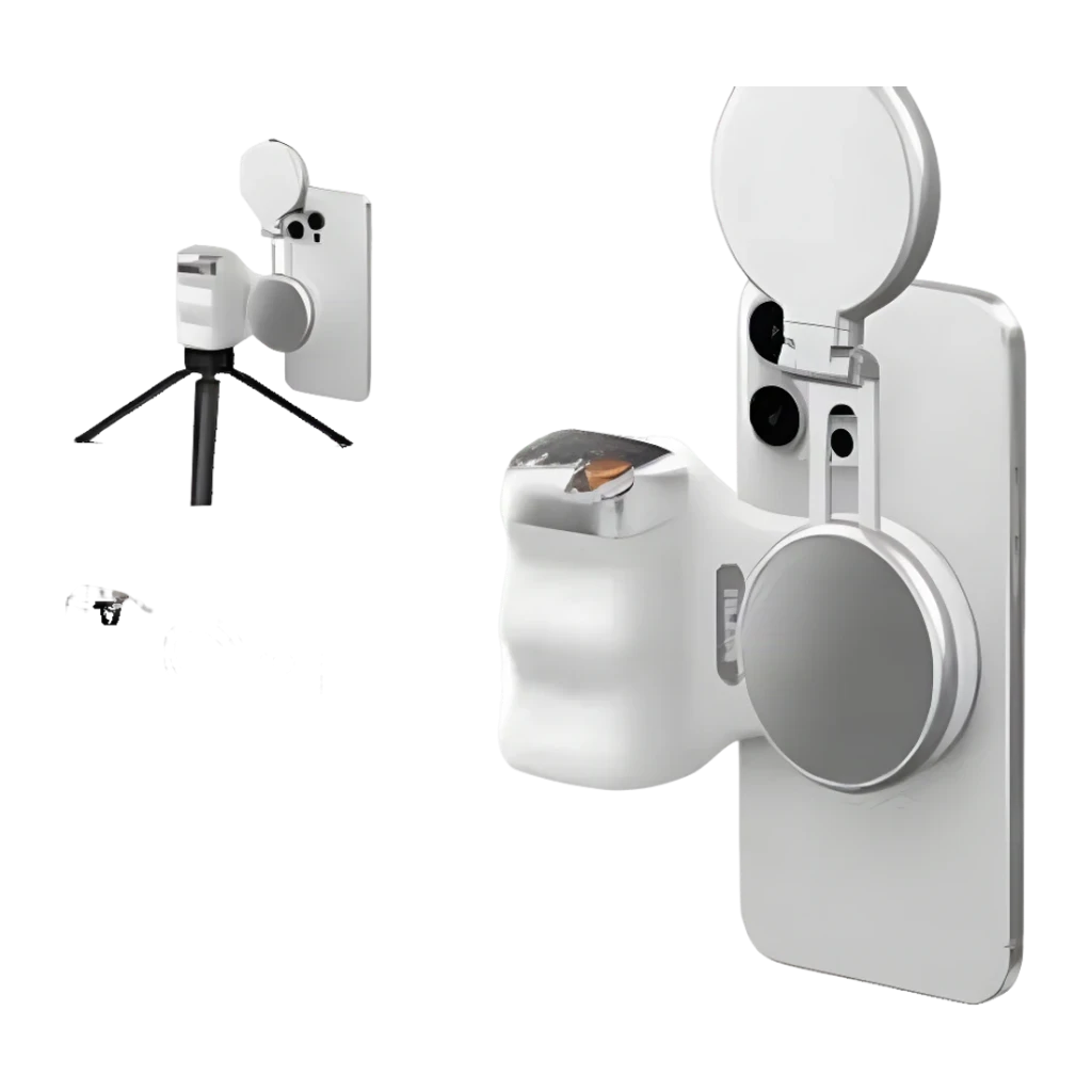 Trípode Selfie 7RYMS 7RIG T1 Plata, vista doble: agarre ergonómico, espejo selfie y trípode plegable en fondo negro