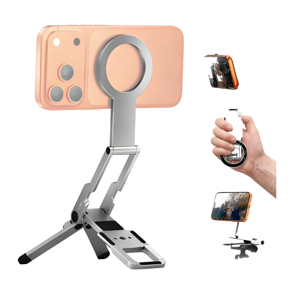 Trípode Selfie 7RYMS 7RIG T1 Plata, composición: soporte plegable plateado con anillo magnético y miniaturas de uso en mano