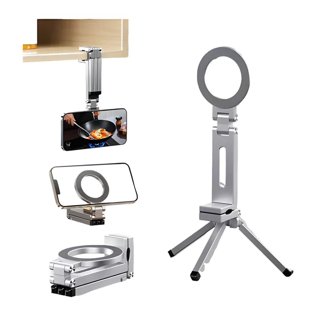 Trípode Selfie 7RYMS 7RIG T1 Plata, usos: montaje en mesa, soporte con móvil y aro de luz plegado
