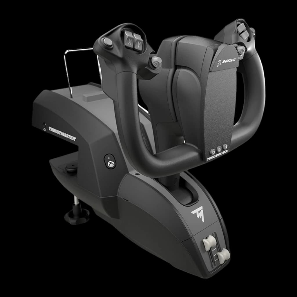 Thrustmaster TCA Yoke Boeing Edition preto, vista lateral: yoke com base, grampo, botões X Y e logo Boeing visíveis