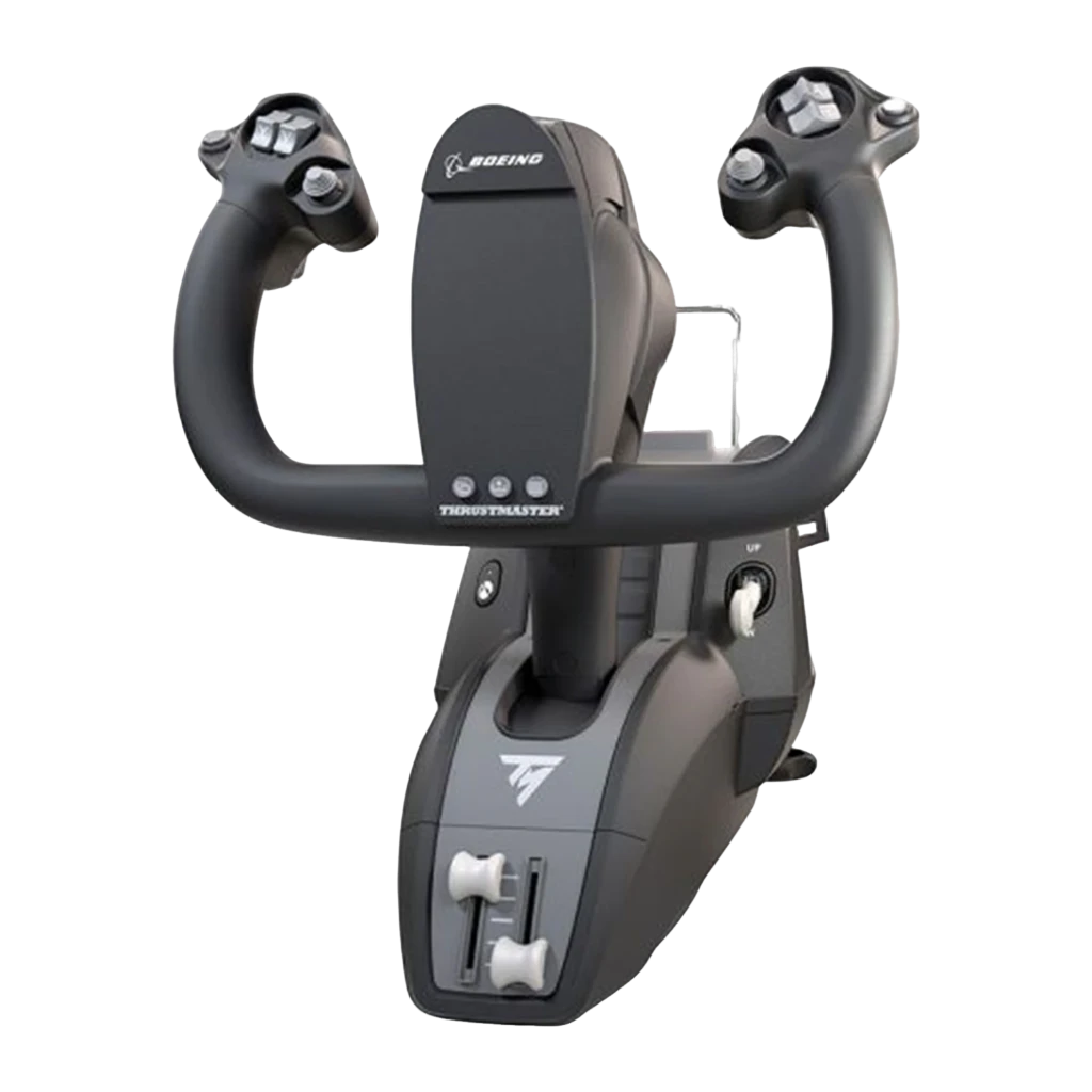 Thrustmaster TCA Yoke Boeing Edition preto, vista frontal: braços simétricos do yoke, logo Boeing centralizado, base