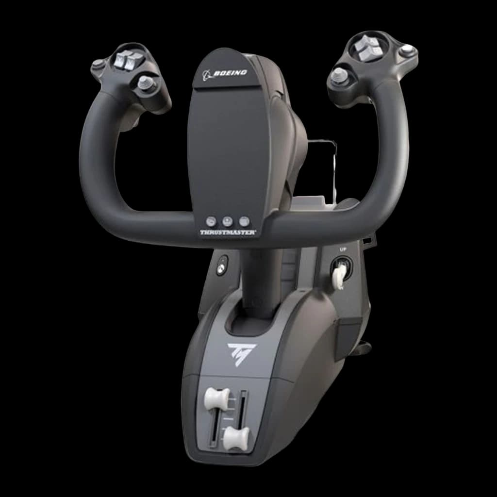 Thrustmaster TCA Yoke Boeing Edition preto, vista frontal: braços simétricos do yoke, logo Boeing centralizado, base