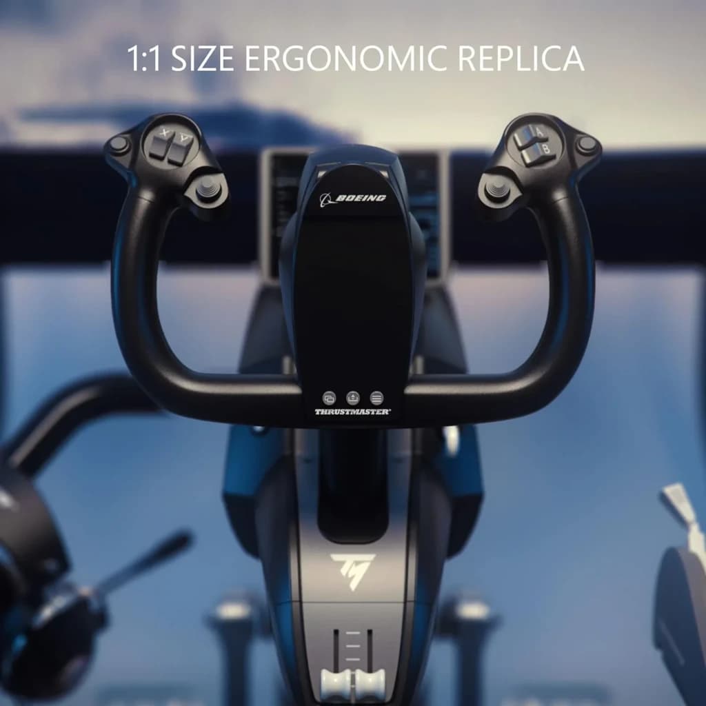 Thrustmaster TCA Yoke Boeing Edition preto, vista superior: réplica 1:1 com logo Boeing, botões nos punhos e logo