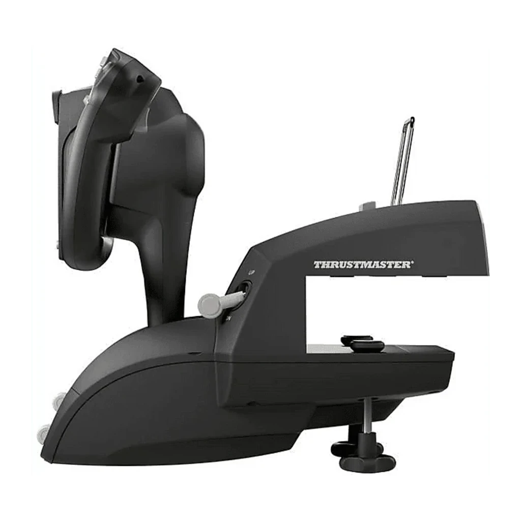 Thrustmaster TCA Yoke Boeing Edition preto, vista lateral: base com grampo, alavanca de trim e coluna de controlo estendida