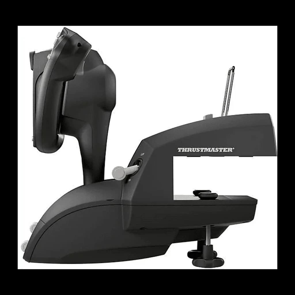 Thrustmaster TCA Yoke Boeing Edition preto, vista lateral: base com grampo, alavanca de trim e coluna de controlo estendida