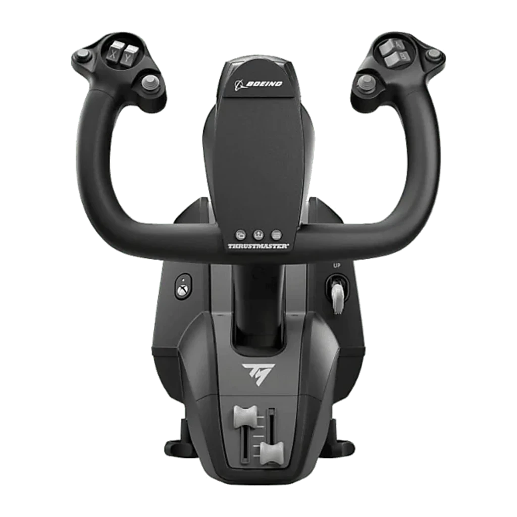 Thrustmaster TCA Yoke Boeing Edition preto, vista frontal: garfo em U, logo Boeing, base com logo TM e alavanca de trim