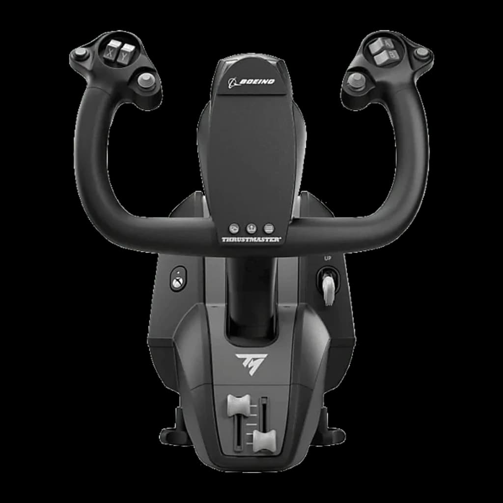 Thrustmaster TCA Yoke Boeing Edition preto, vista frontal: garfo em U, logo Boeing, base com logo TM e alavanca de trim