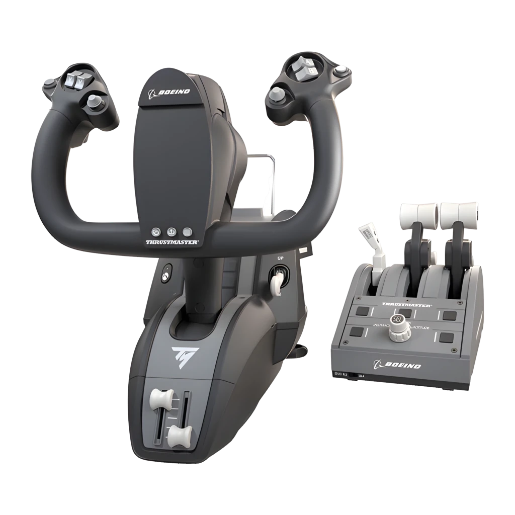Thrustmaster TCA Yoke Boeing Edition preto, vista conjunto: yoke frontal com manetes e módulo de gases Boeing em cinza