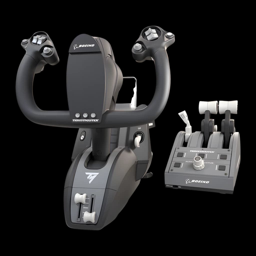 Thrustmaster TCA Yoke Boeing Edition preto, vista conjunto: yoke frontal com manetes e módulo de gases Boeing em cinza