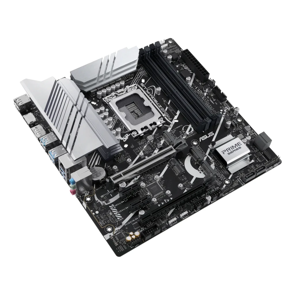 ASUS PRIME Z790M-PLUS DDR5 aluminio negro, perspectiva elevada: placa completa en ángulo isométrico, panel E/S izquierdo