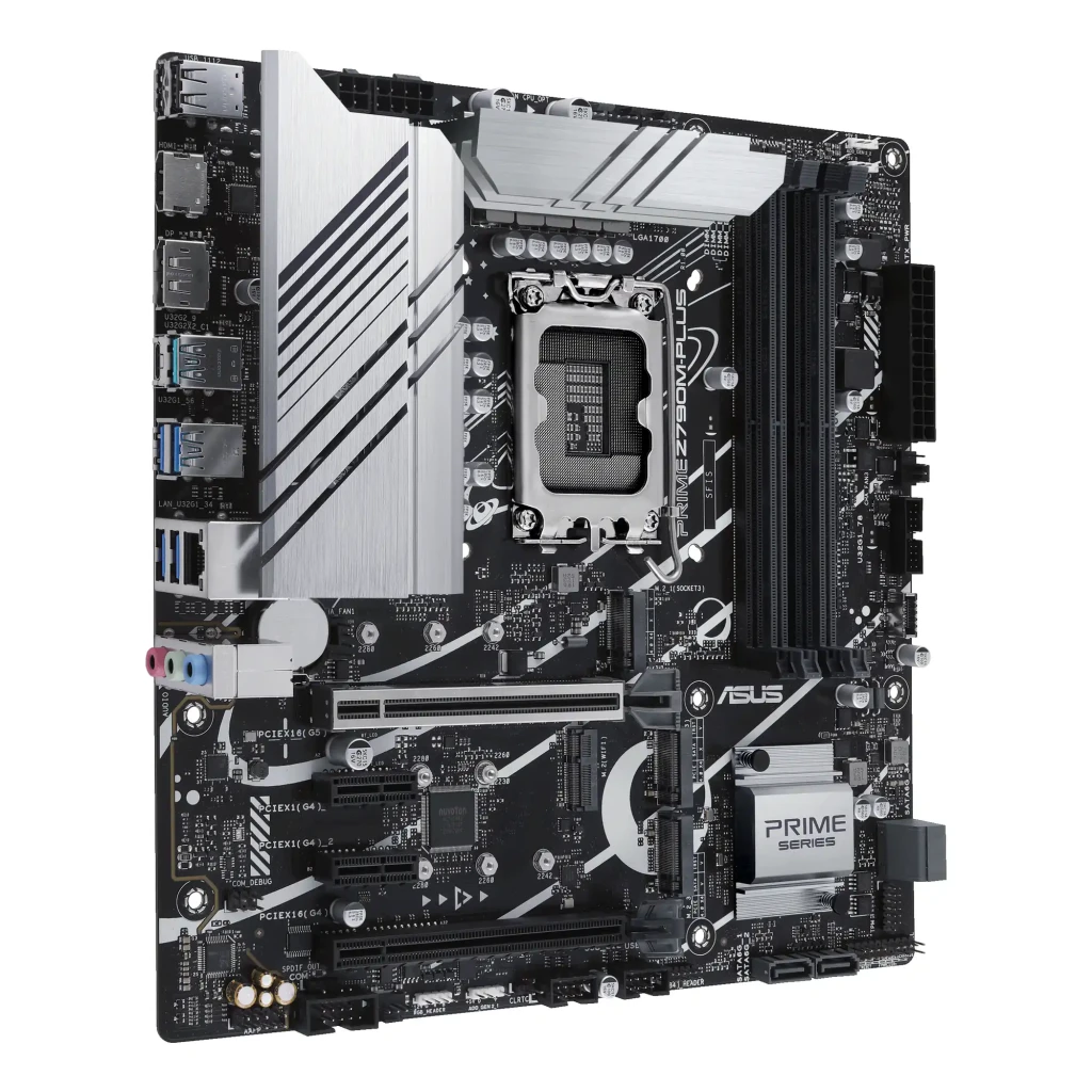 ASUS PRIME Z790M-PLUS DDR5 aluminio negro, ángulo frontal izquierdo: panel trasero de E/S con puertos USB y disipador VRM