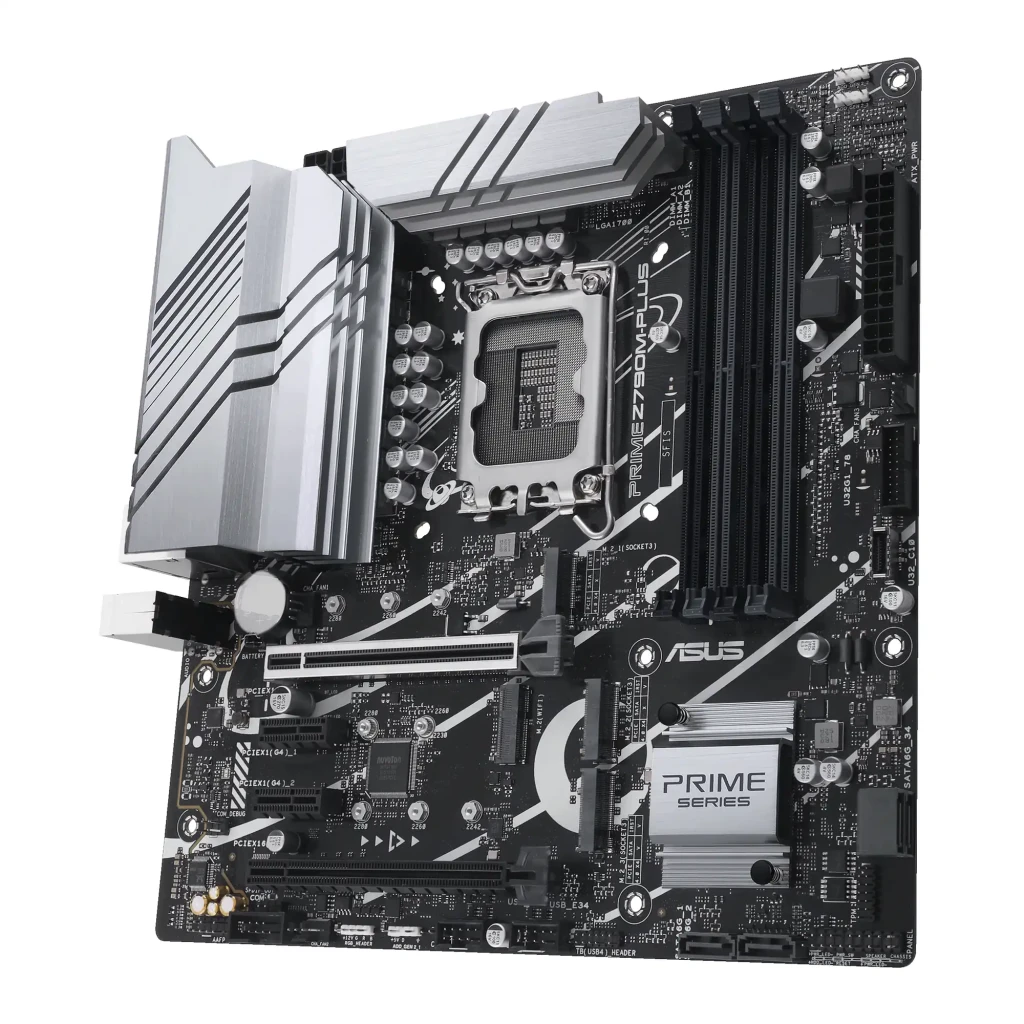 ASUS PRIME Z790M-PLUS DDR5 aluminio negro, ángulo superior derecho: disipador VRM plateado en primer plano, slots PCIe