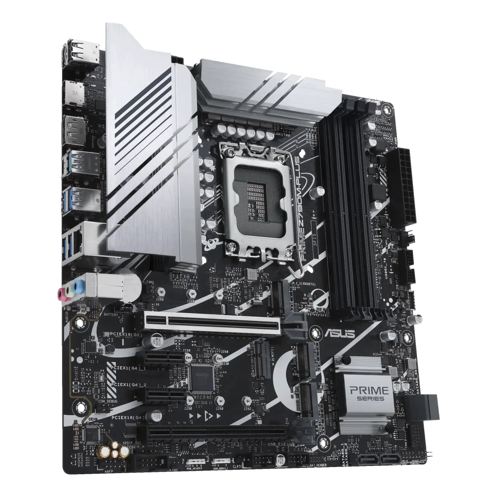 ASUS PRIME Z790M-PLUS DDR5 aluminio negro, ángulo superior izquierdo: panel de E/S y conectores de audio frontales visibles