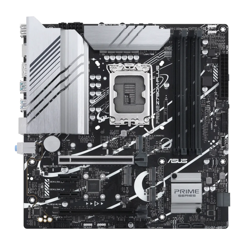 ASUS PRIME Z790M-PLUS DDR5 aluminio negro, vista cenital: PCB negro completo, socket LGA1700, ranuras DDR5 y disipador VRM