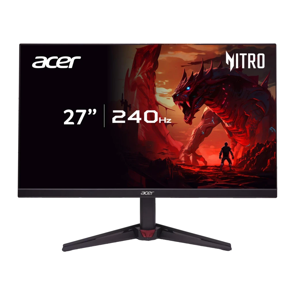 Acer Monitor Nitro VG270W3b 27 noir, vue de face: écran avec dragon gaming, logo Nitro et spécifications 27" 240Hz