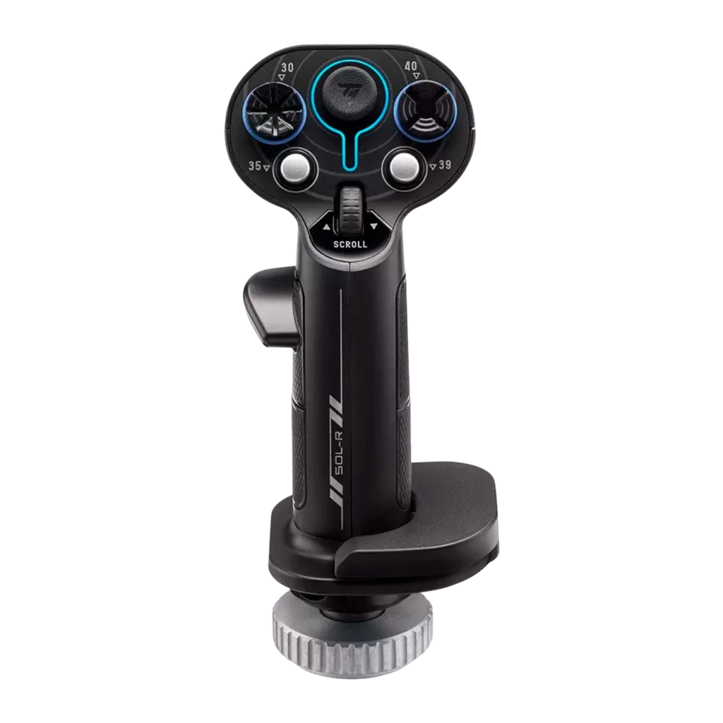 Thrustmaster Sol-R 3 Add-On Grip preto, vista frontal: painel superior com joystick central, diais azuis e scroll wheel