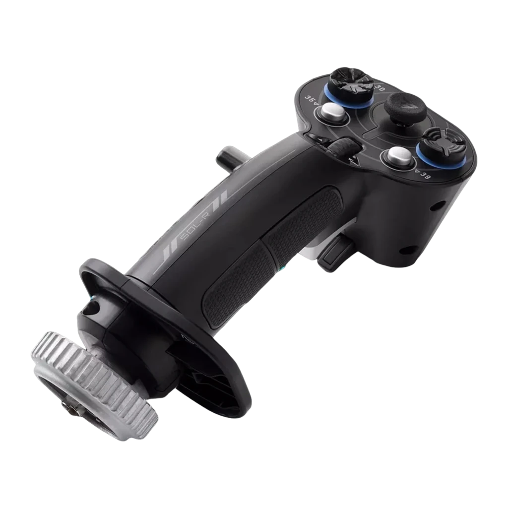 Thrustmaster Sol-R 3 Add-On Grip preto, vista horizontal em ângulo baixo: base de montagem metálica em primeiro plano