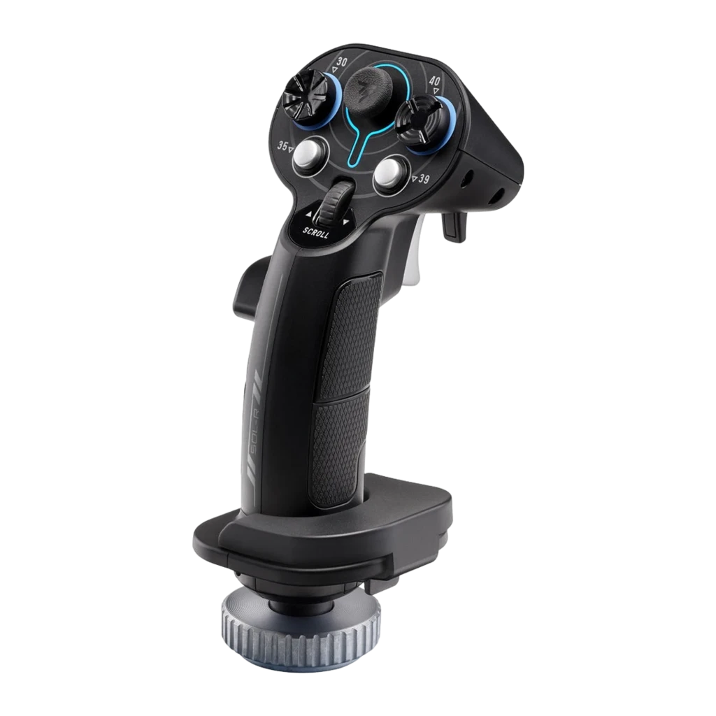 Thrustmaster Sol-R 3 Add-On Grip preto, vista lateral: empunhadura texturizada, controlos superiores com iluminação azul