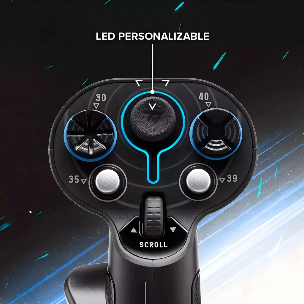 Thrustmaster Sol-R 3 Add-On Grip preto, detalhe superior: LED azul personalizável, botões rotativos e scroll