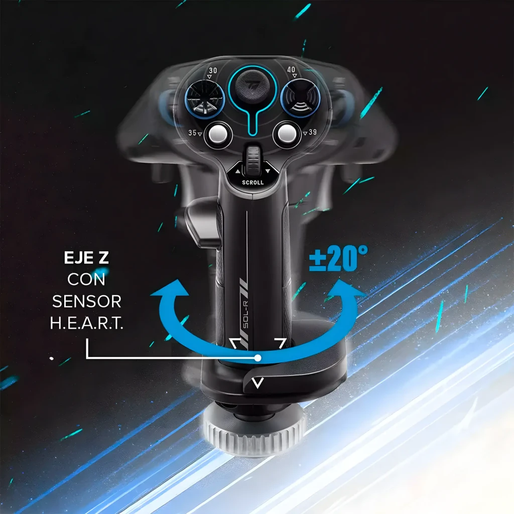 Thrustmaster Sol-R 3 Add-On Grip preto, detalhe: eixo Z com sensor H.E.A.R.T. ±20° e botões superiores com iluminação azul