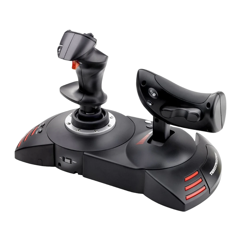 Thrustmaster T-Flight Hotas X negro, vista trasera en ángulo: selector PC/PS3, botones laterales de la palanca y detalles